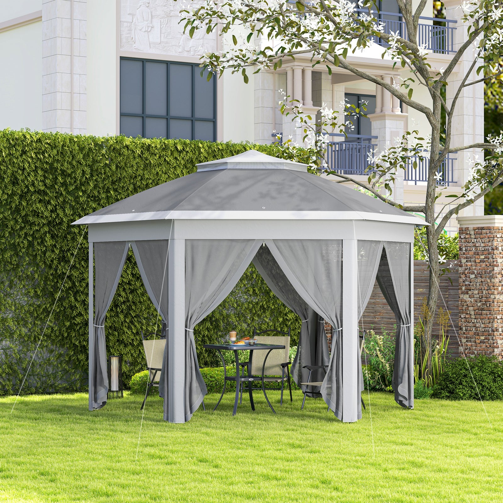 3x4m Hexagon Gazebo W/ Metal Frame Mesh Curtains