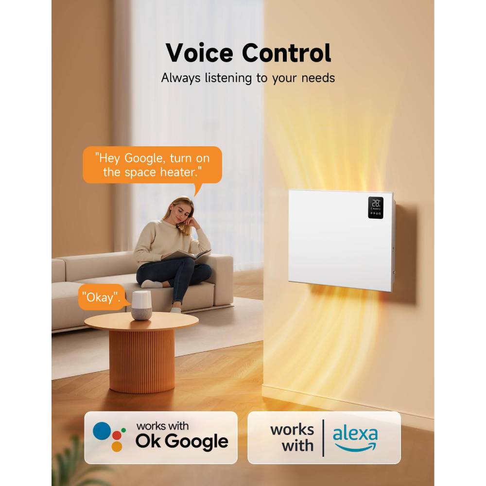 1000w/1500w/2000w Convection Heater With Wifi App & Voice Control, 3 Modes, 24h/7d Timer, Remote Control, Child Lock, Wall Mounted Or Freestanding | Medium