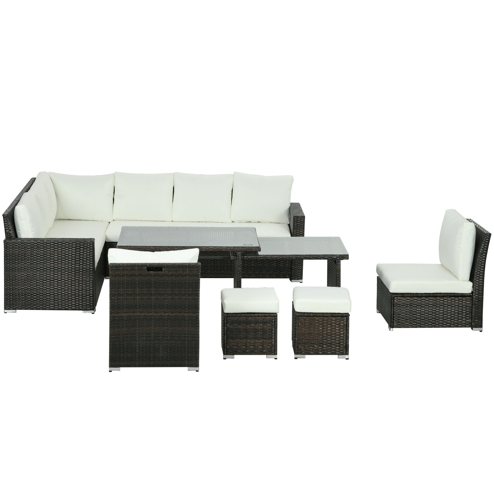Sofa Sectional W/ Cushioned Seat, Footstools And Glass Table | Cream