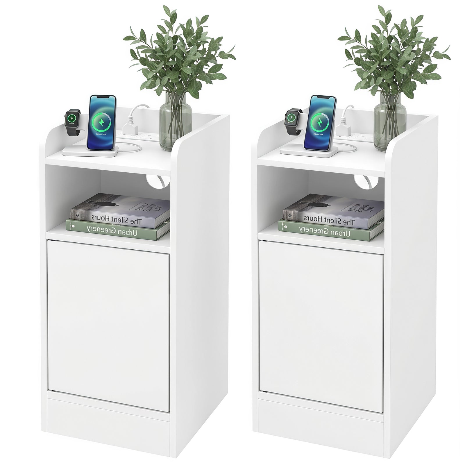 Slim Bedside Table Set Of 2 With Charging Station | White