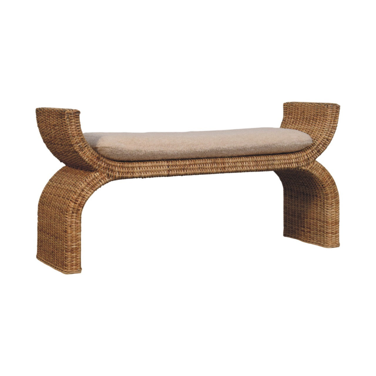 Artisan Furniture Solid Wood Rattan Weave Boucle Bench, Upholstered