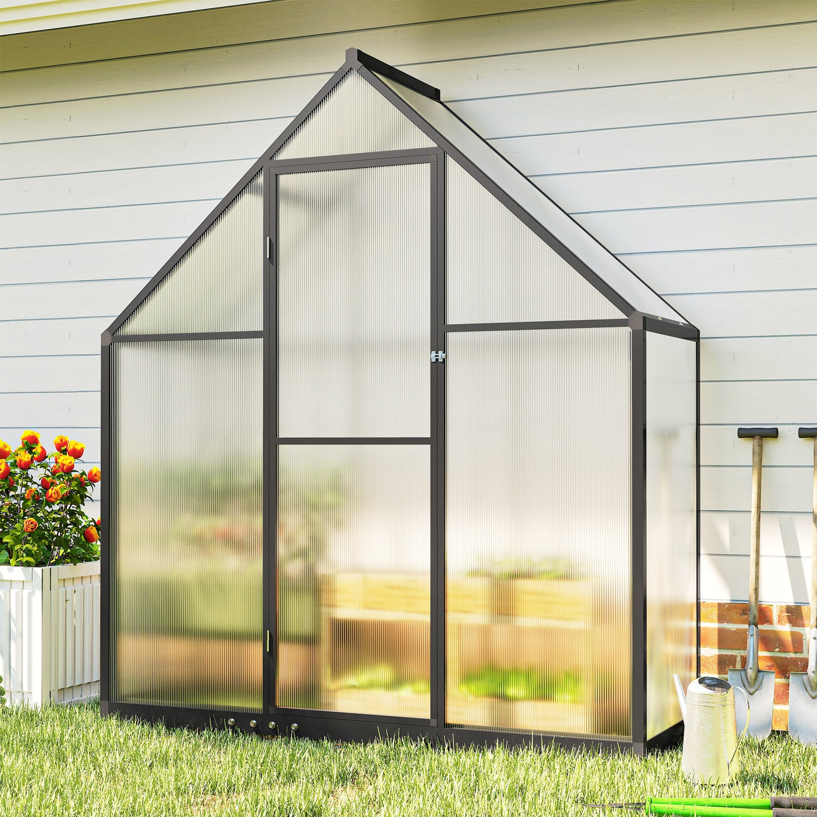Outsunny Polycarbonate Greenhouse Garden Green House With Swing Door, Black