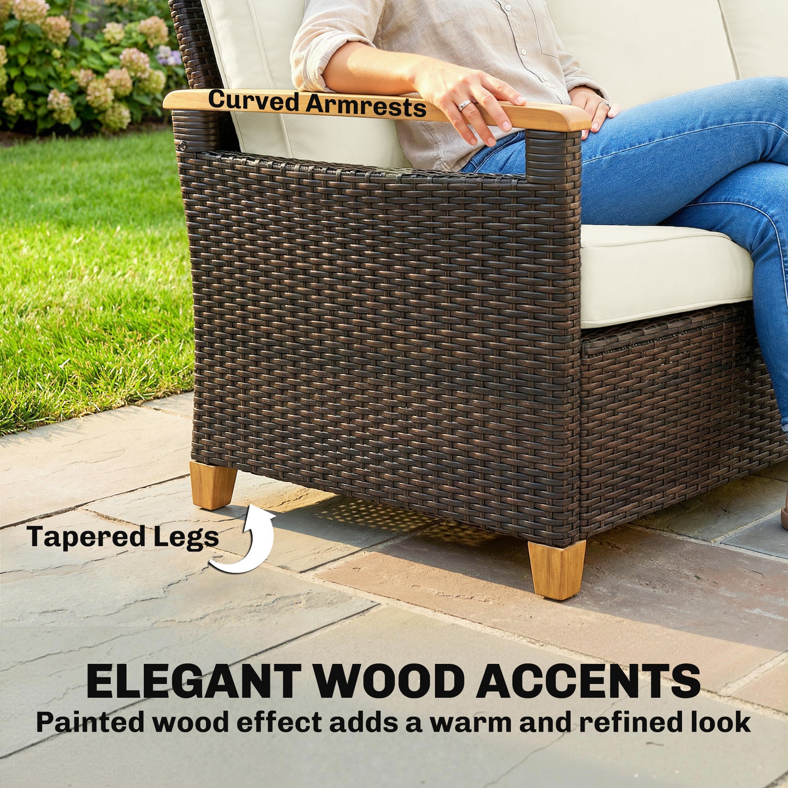3 Seater Rattan Garden Sofa With Cushioned Wide Seats | Brown