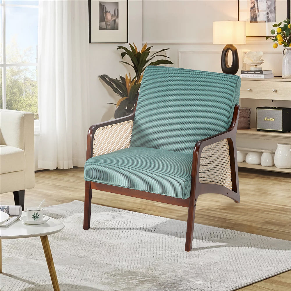 Corduroy Armchair With Rattan-weave Side Panels – Accent Chair With Rubberwood Legs | Green