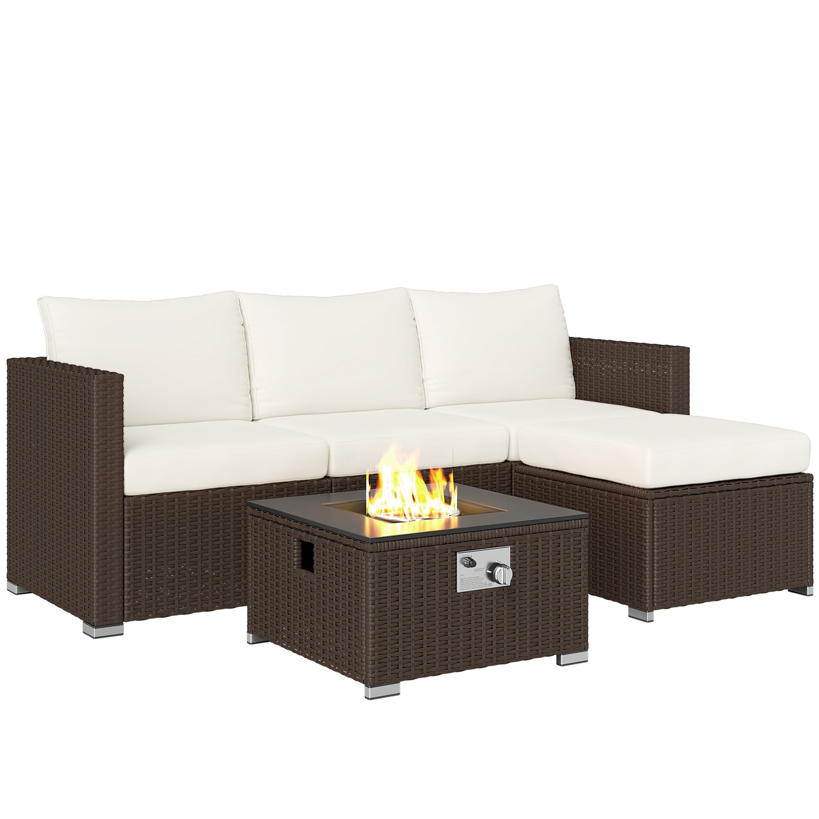 5 Piece Rattan Set With Gas Fire Pit | Brown