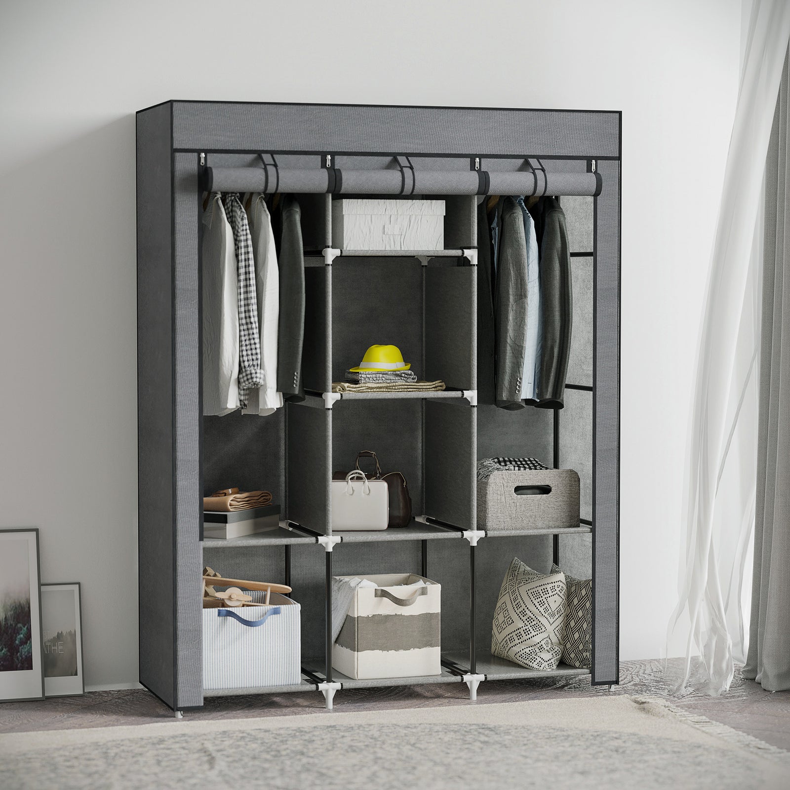 Fabric Portable Wardrobe With 8 Shelves 2 Hanging Rails | Dark Grey