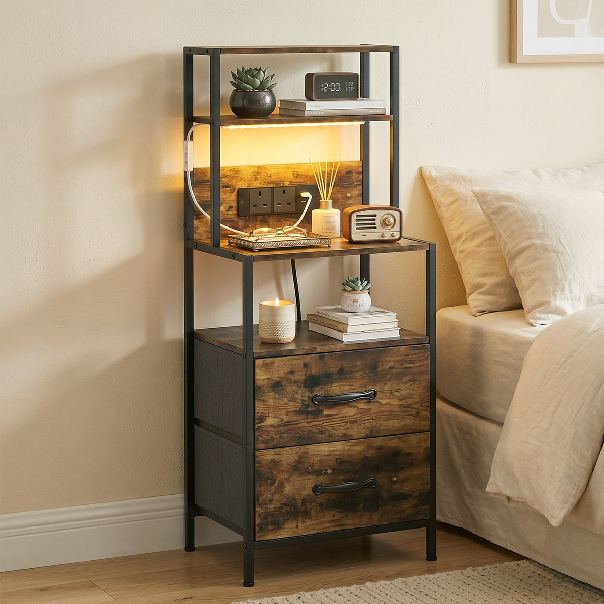 HOMCOM Bedside Table With Charging Station & Led Light Strips, Rustic Brown