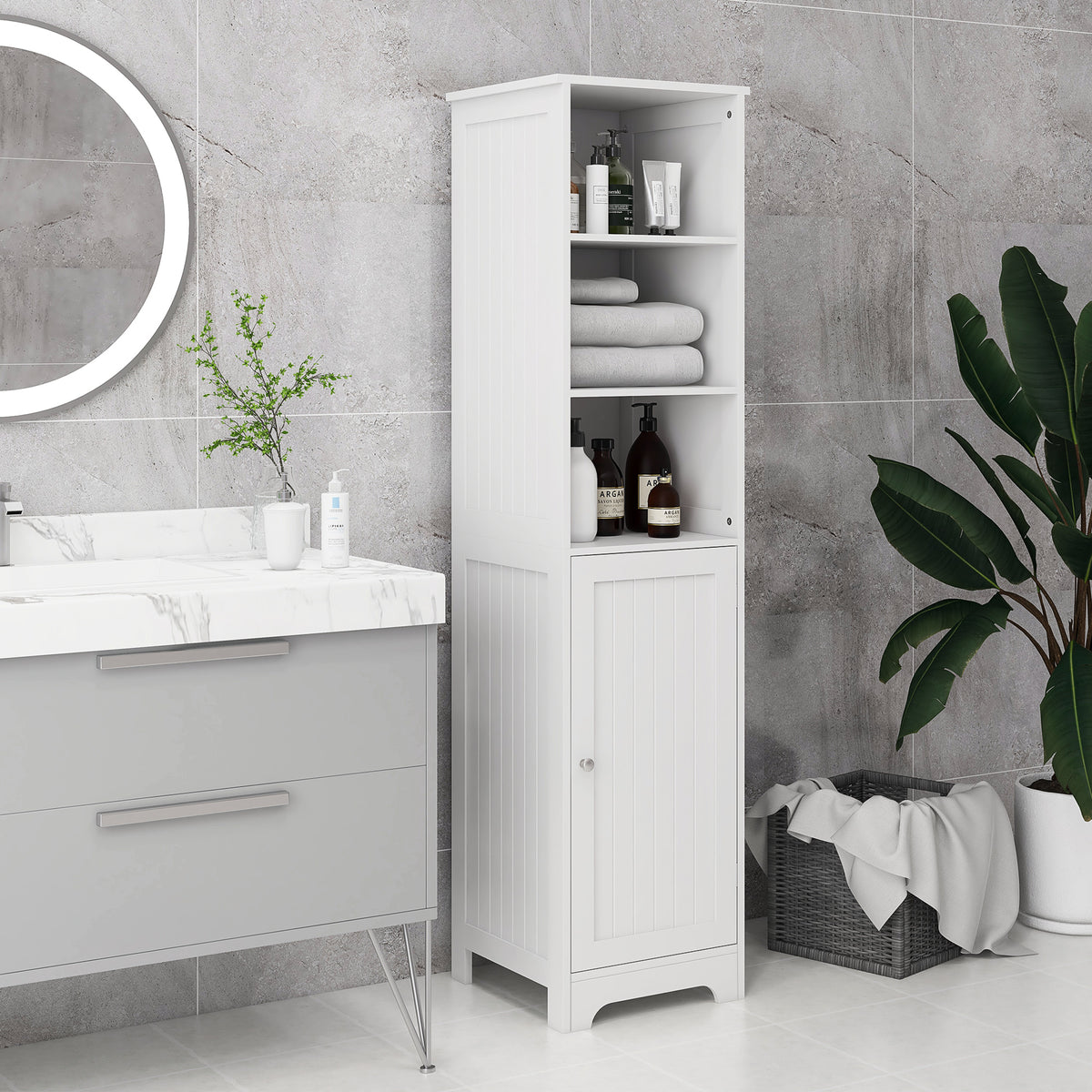 HOMCOM Freestanding Bathroom Tall Cabinet With Adjustable Shelf, White