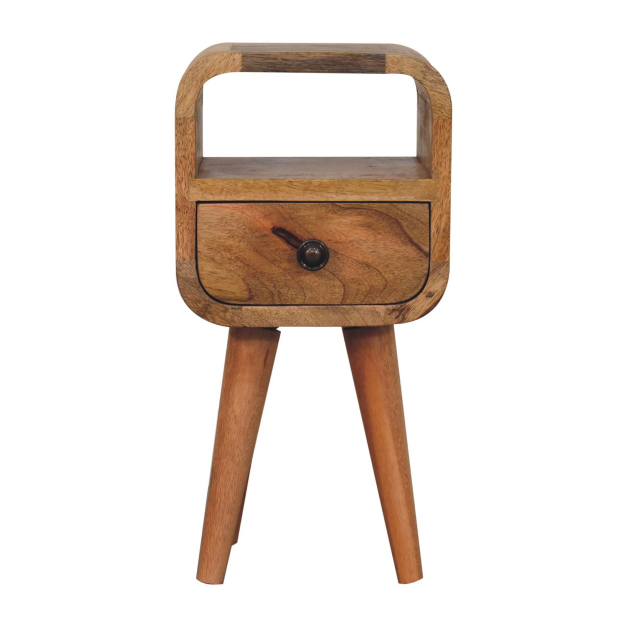Solid Wood Extra Mini Oak-ish Curved Bedside, 1 Drawer And Open Slot, Beige
