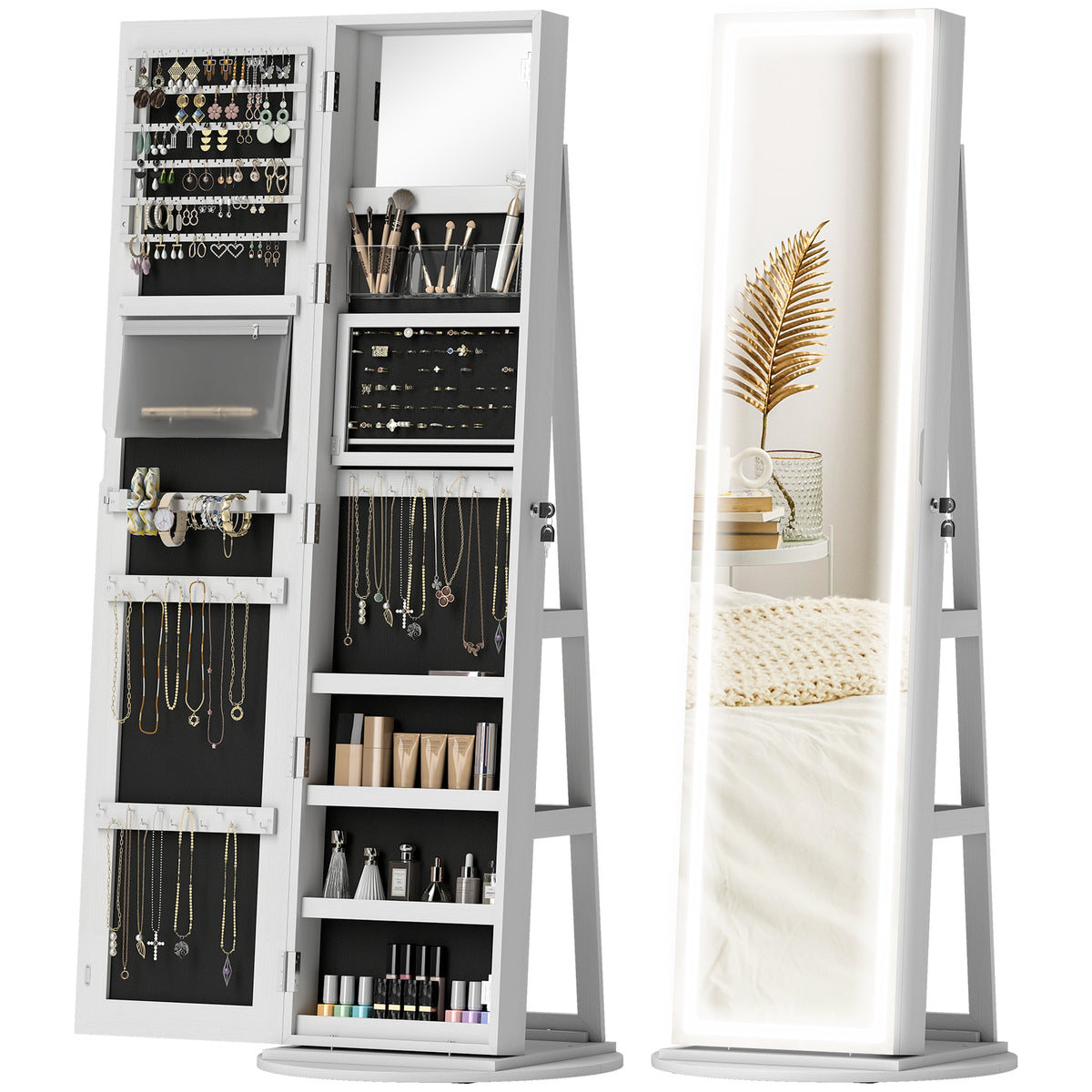 HOMCOM Jewellery Cabinet, Full Length Mirror With Storage, White