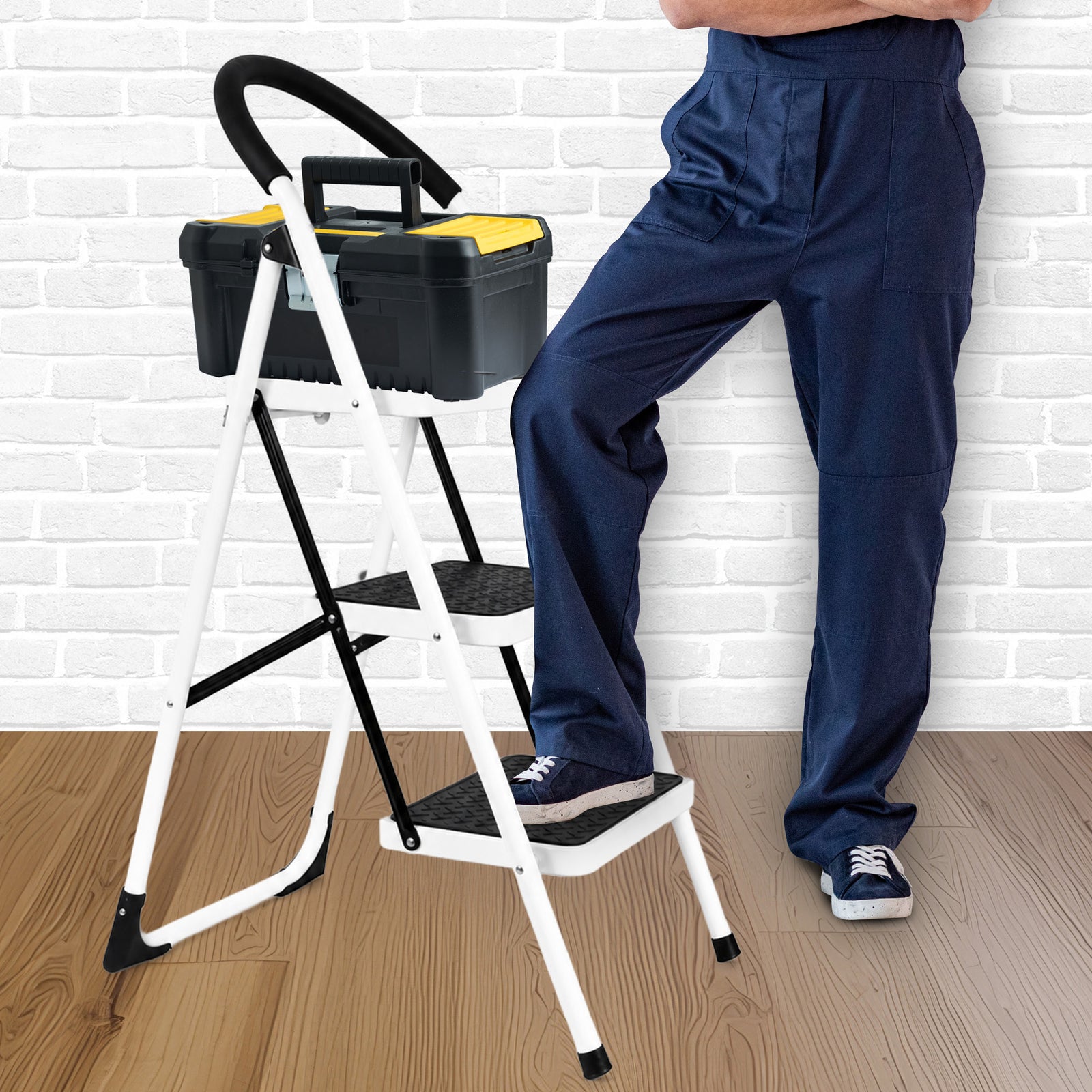 Step Ladder Premium Heavy-duty Steel Folding Step Stool 150kg Capacity | 3 Step | White
