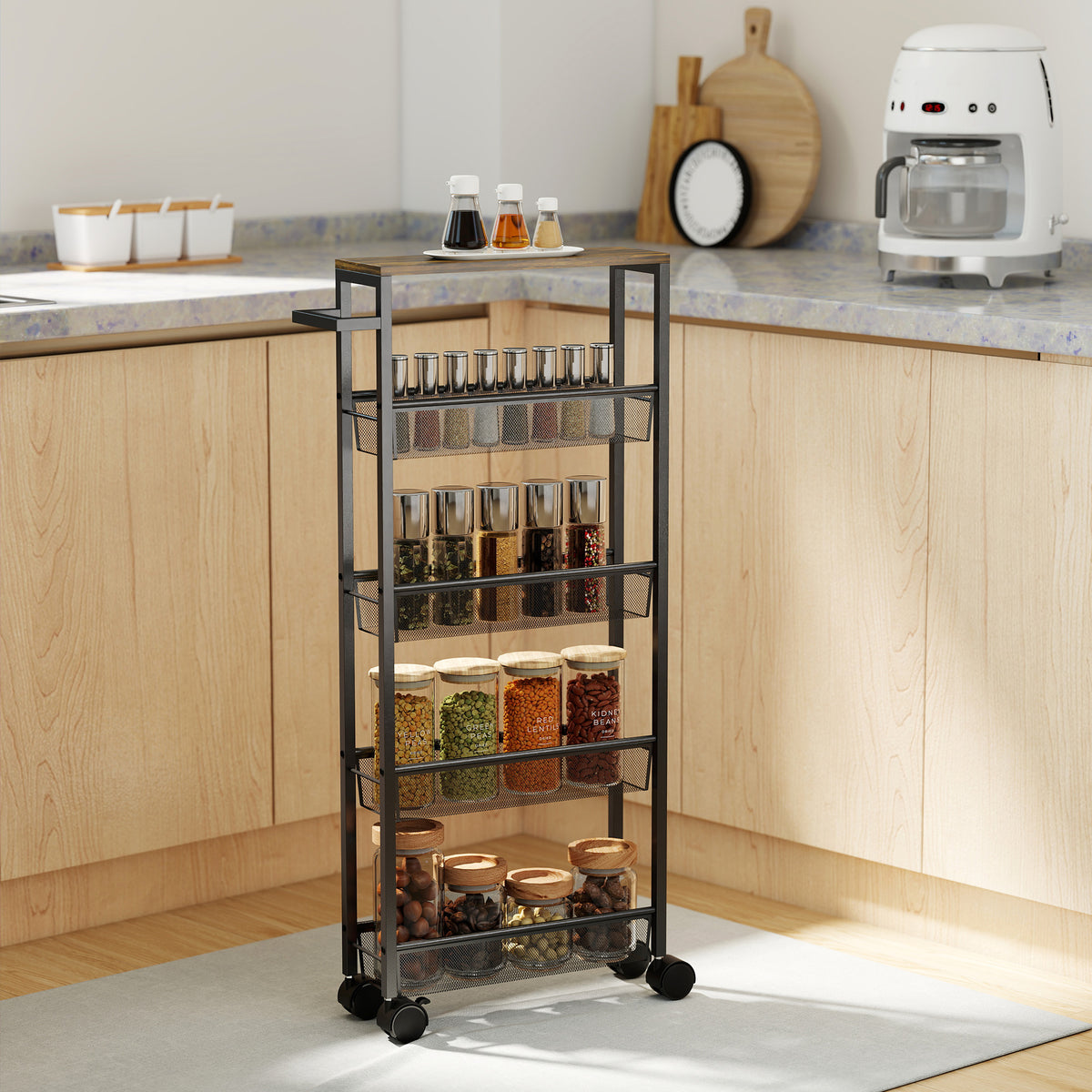 HOMCOM Rolling Kitchen Trolley, Slim Storage Cart With Metal Frame, Handle