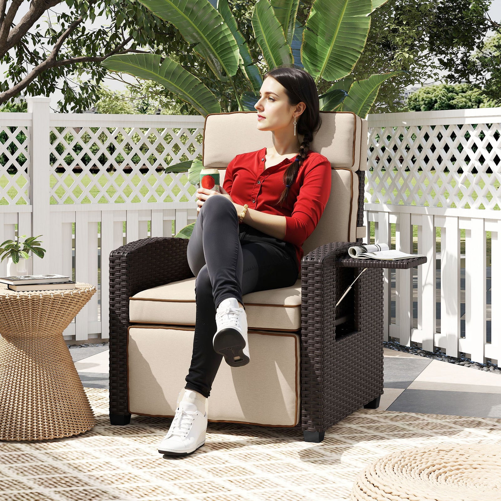 Rattan Recliner Chair, Adjustable Backrest | Khaki