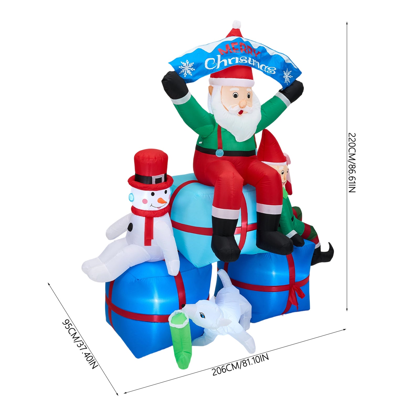 2.2m H Inflatable Santa, Snowman & Elf On Gift Boxes – Outdoor Christmas Decoration With Led Lights, Air Blower & Accessories