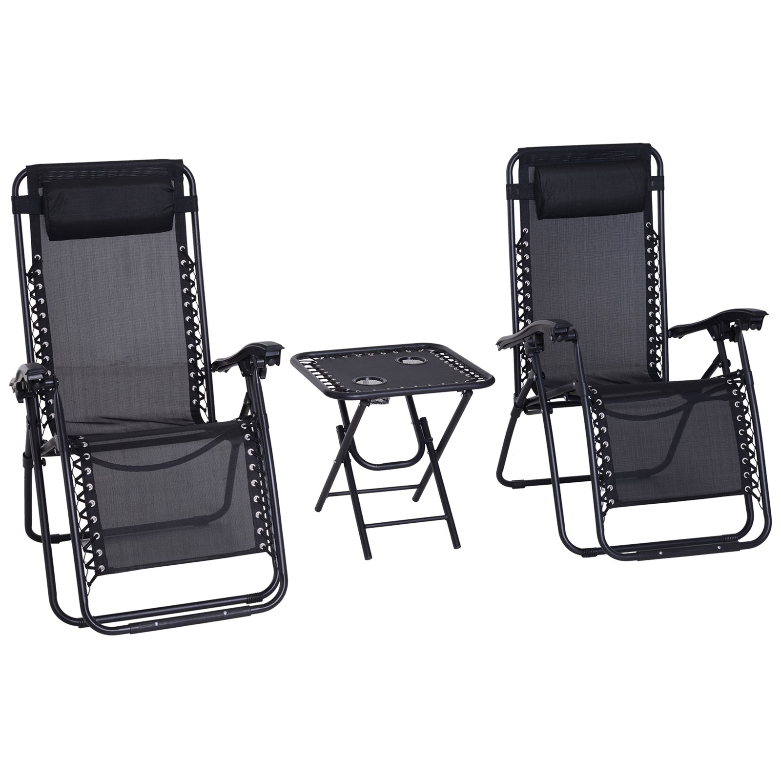 3pc Zero Gravity Chairs Sun Lounger Table Set W/ Cup Holders | Black