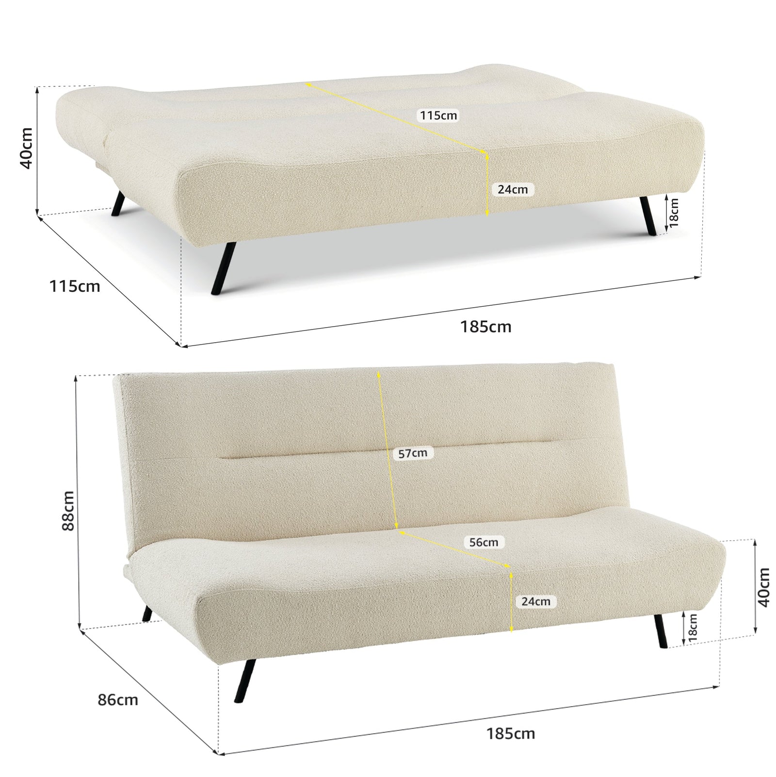 Fluffy Boucle Click-clack Sofa Bed - 2 Seater