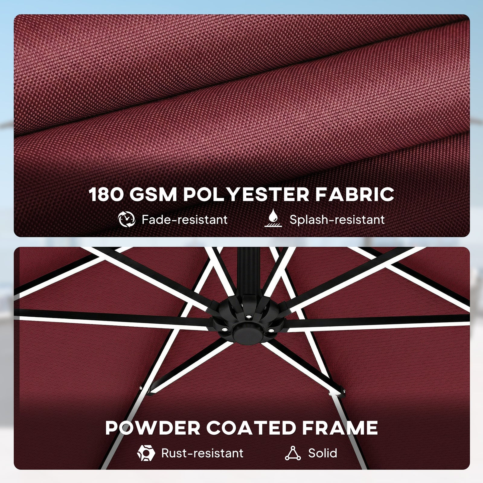 3 M Garden Cantilever Parasol With Solar Light, Rotation | Red