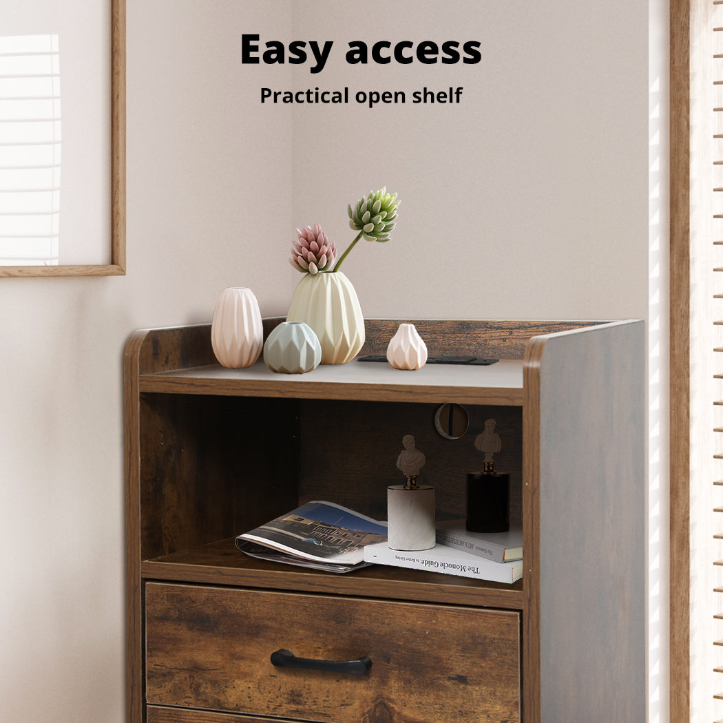 Bedside Table Nightstand Usb Charger Outlet Rgb Led 3 Drawers Oak | Oak
