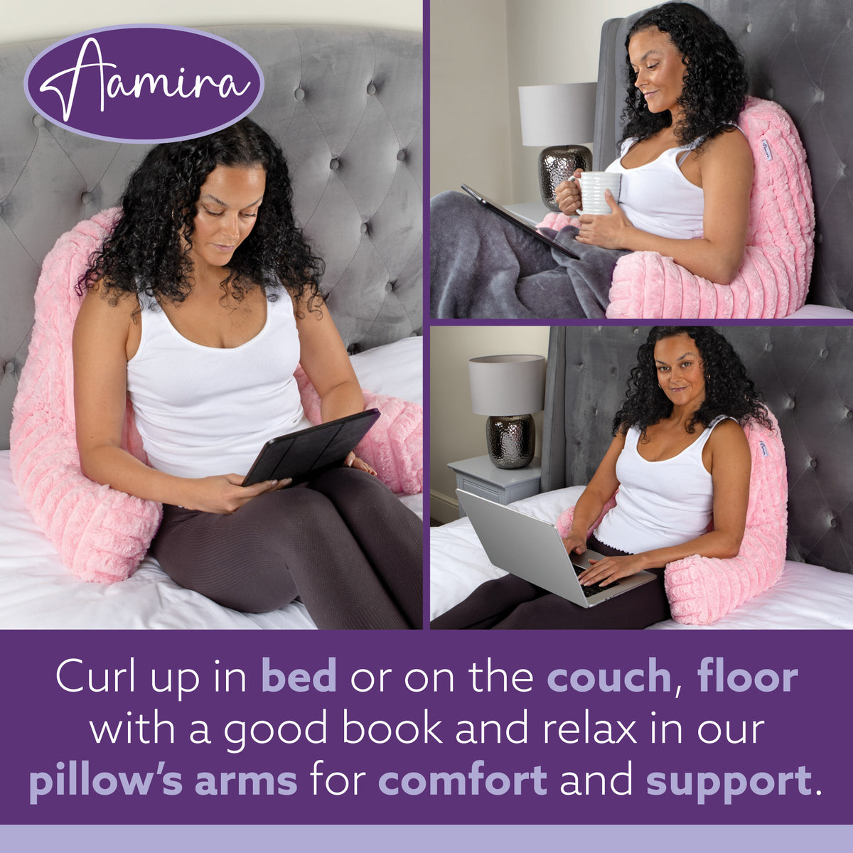 Deluxe Large Reading Pillow, Soft Ribbed Faux Fur, Shredded Memory Foam Cuddle Cuddle Cushion Backrest Arm Support | L | Pink