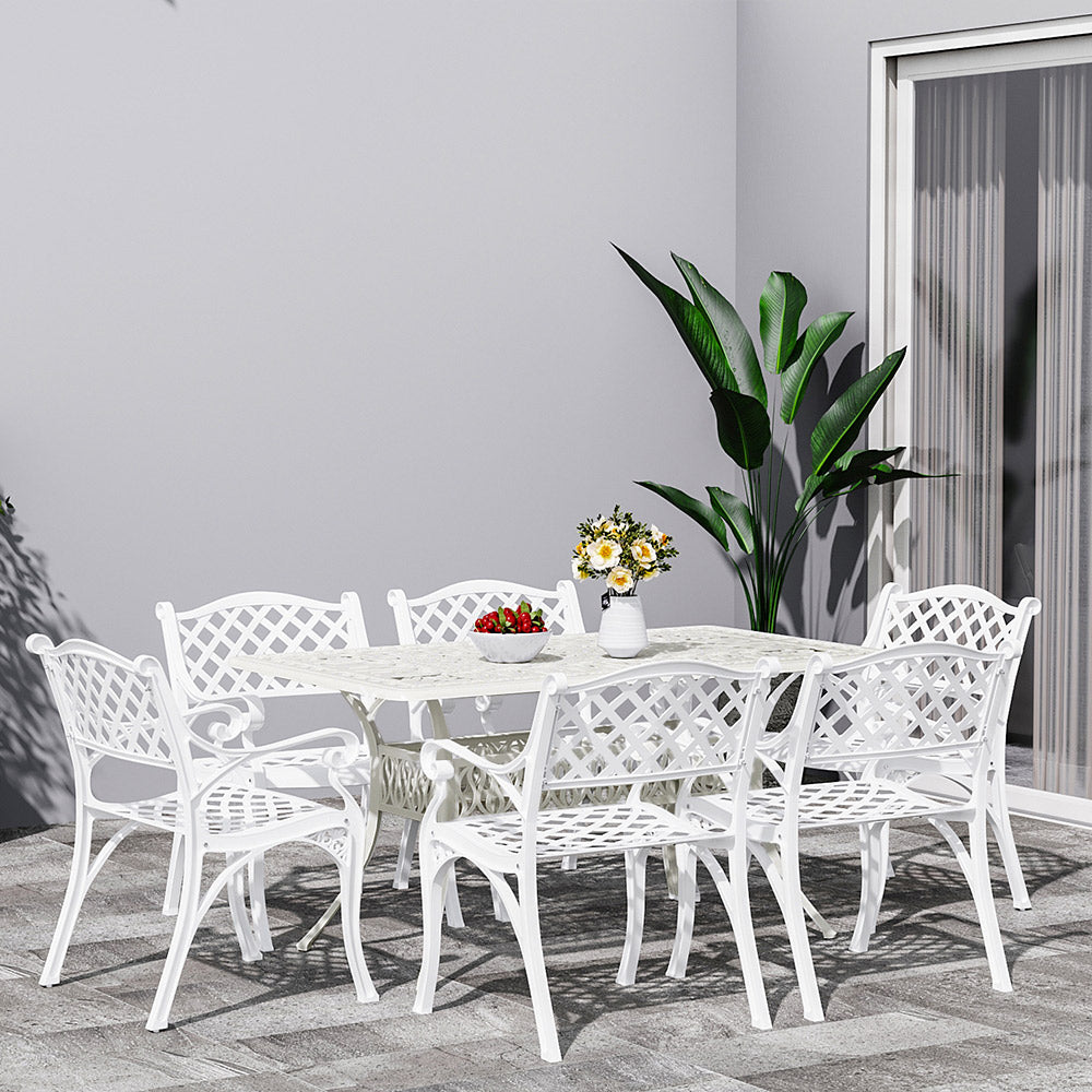 Set Of 7 Retro Garden Bistro Set Cast Aluminium With Cushions | Set of 7 | White
