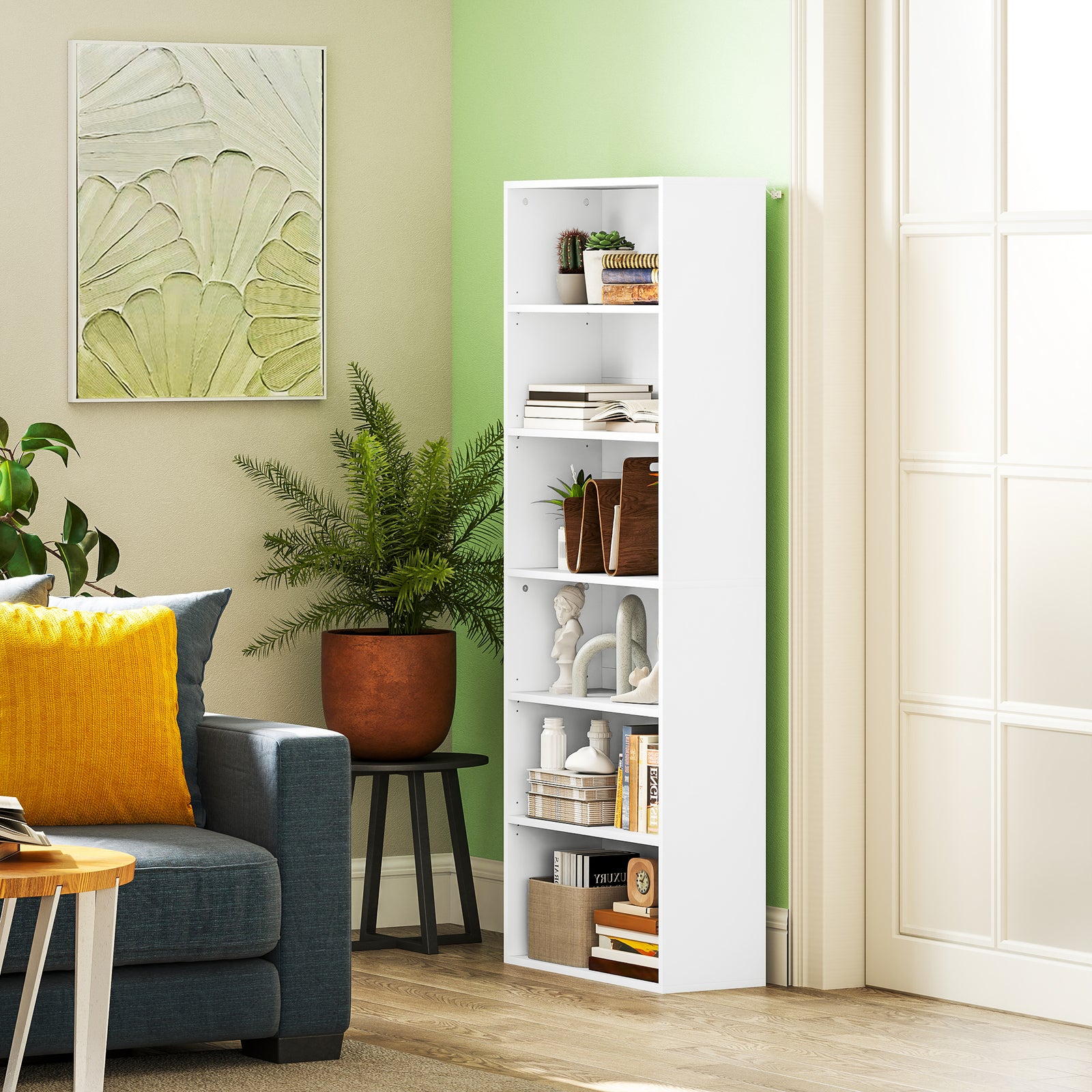 6 Tier Bookshelf, Freestanding Bookcase Adjustable Shelves | One Size | White