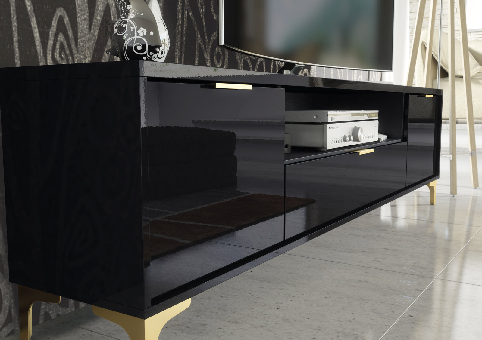 Goldline Gloss Tv Unit 200cm | Black