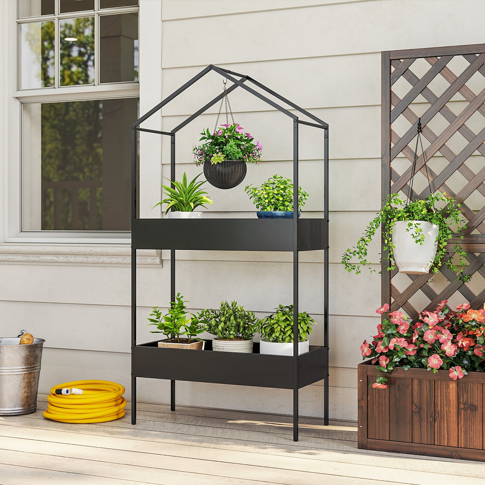 Outsunny 2 Tier Plant Stand, Outdoor Indoor Metal Plant Stand With Hook