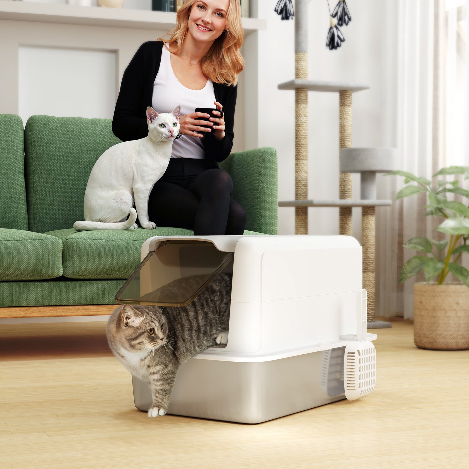 Stainless Steel Cat Litter Box With Removable Lid & Scoop, White