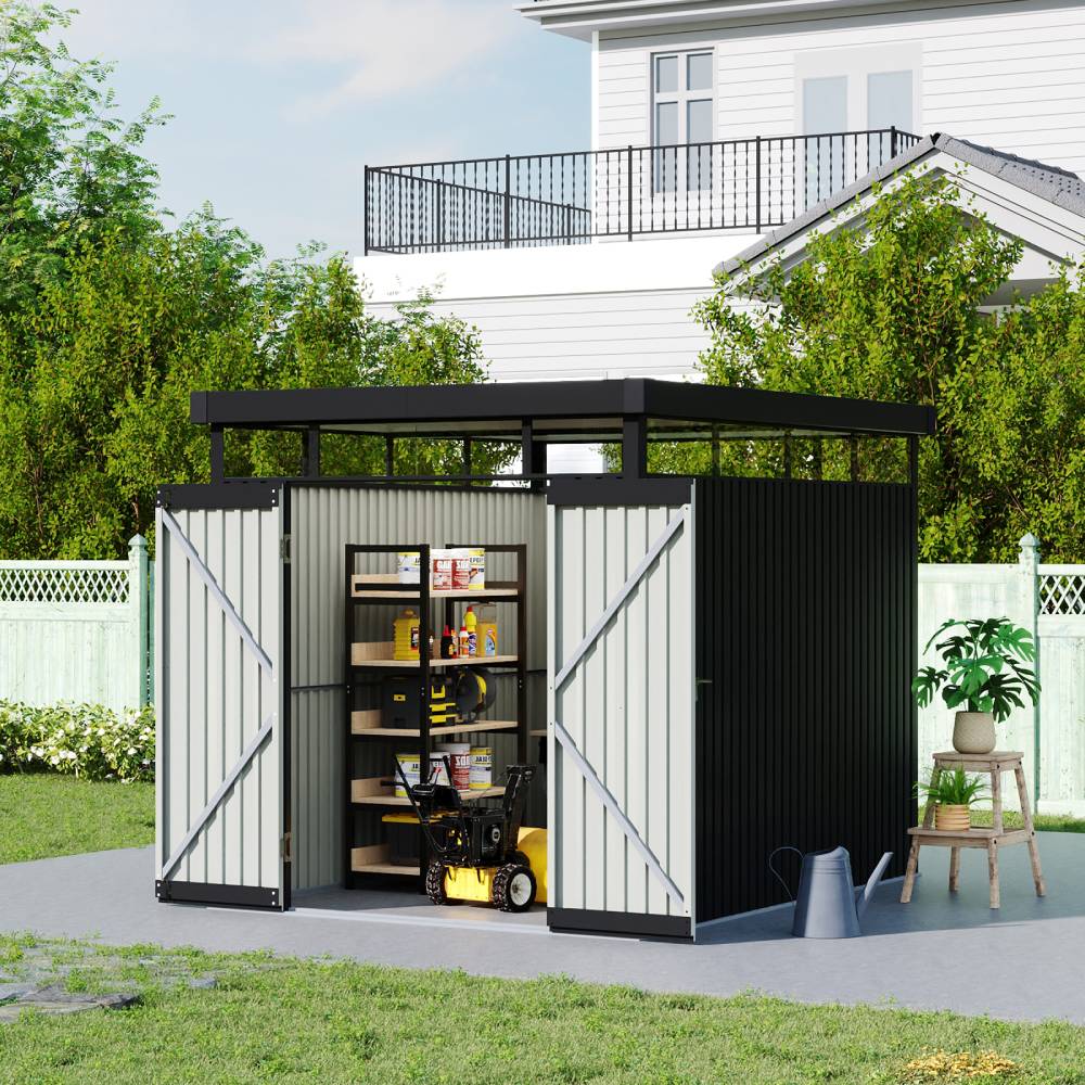 6.56ft×8.46ft Metal Garden Storage Shed Skylight Roof Shed, Flat Roof Storage