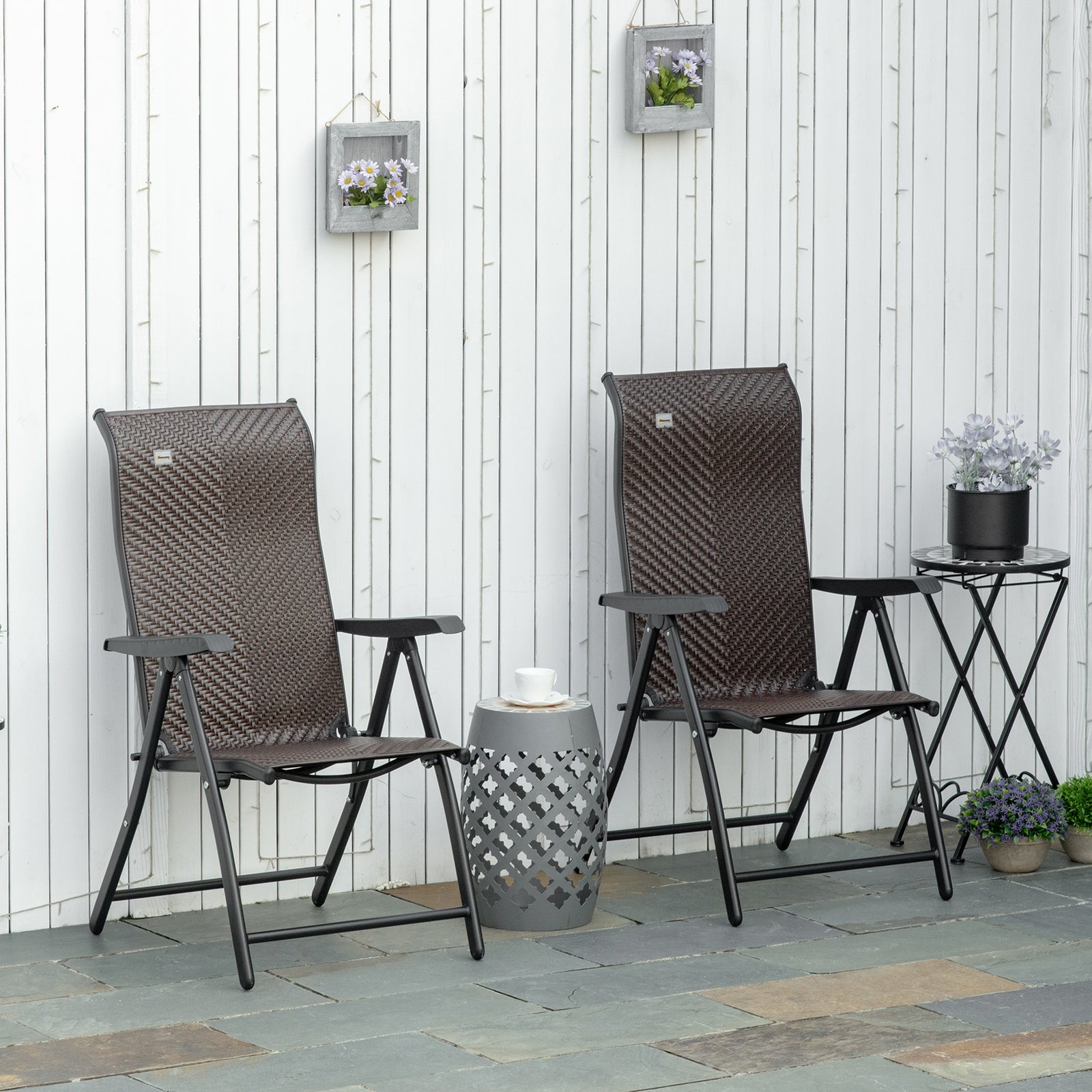 Outdoor Rattan Folding Chair Set W/ Adjustable Backrest | Set-of-2 | Brown