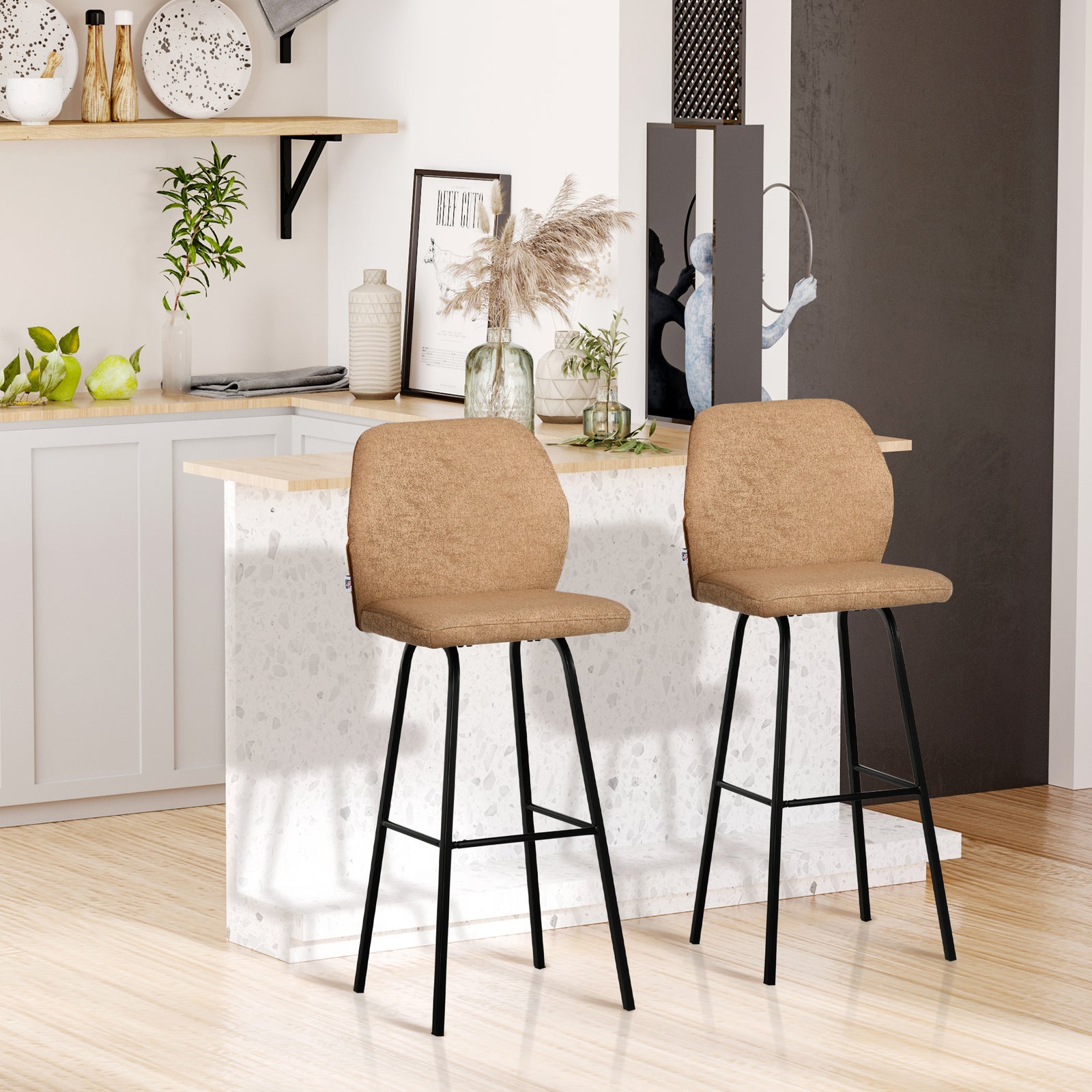 Upholstered Kitchen Stools With Back Set Of 2 | Brown