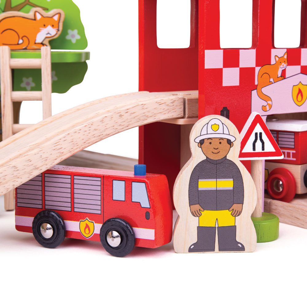 Wooden Fire Station Train Set - 39 Pieces