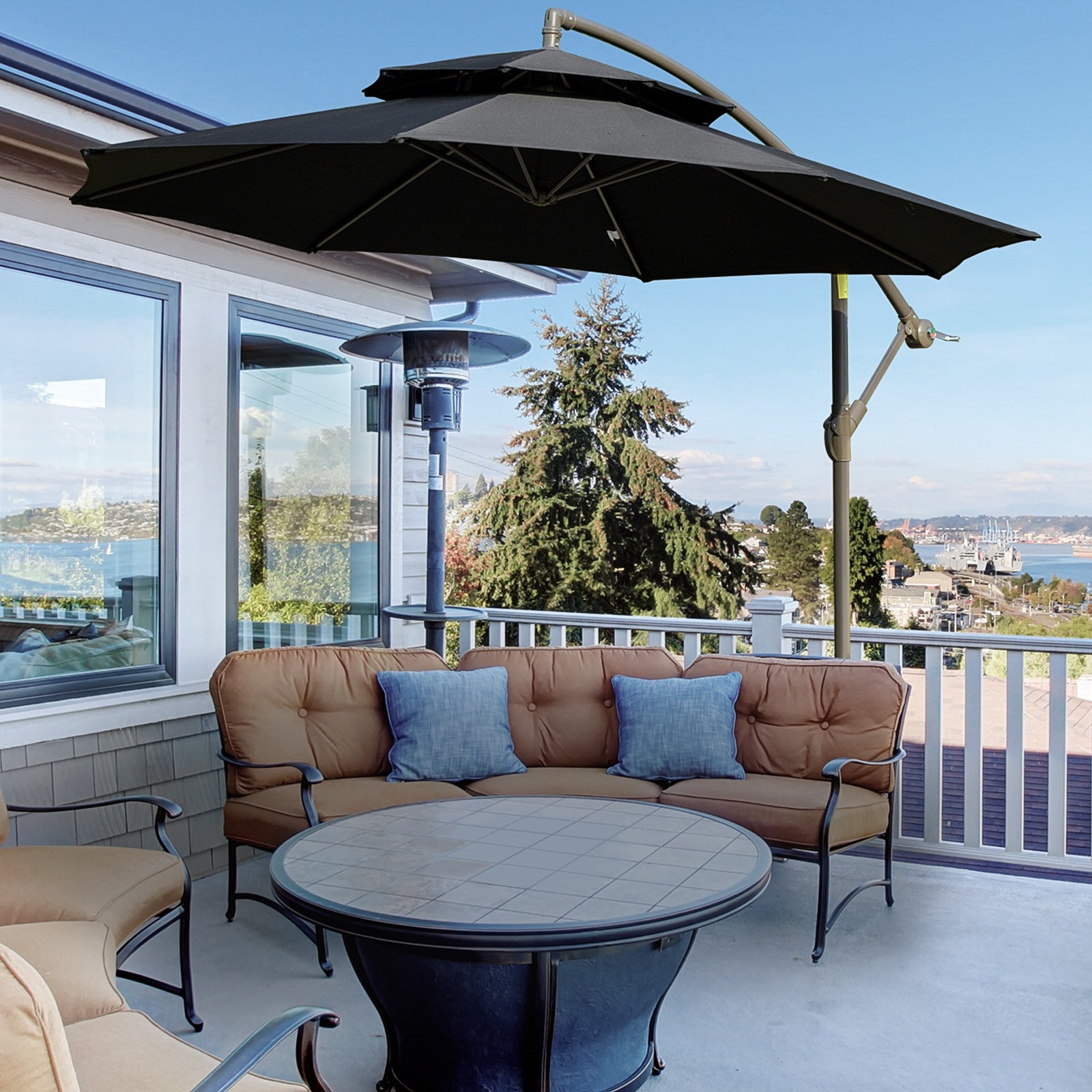 2.7m Cantilever Banana Parasol W/ Double Tier Canopy | Black
