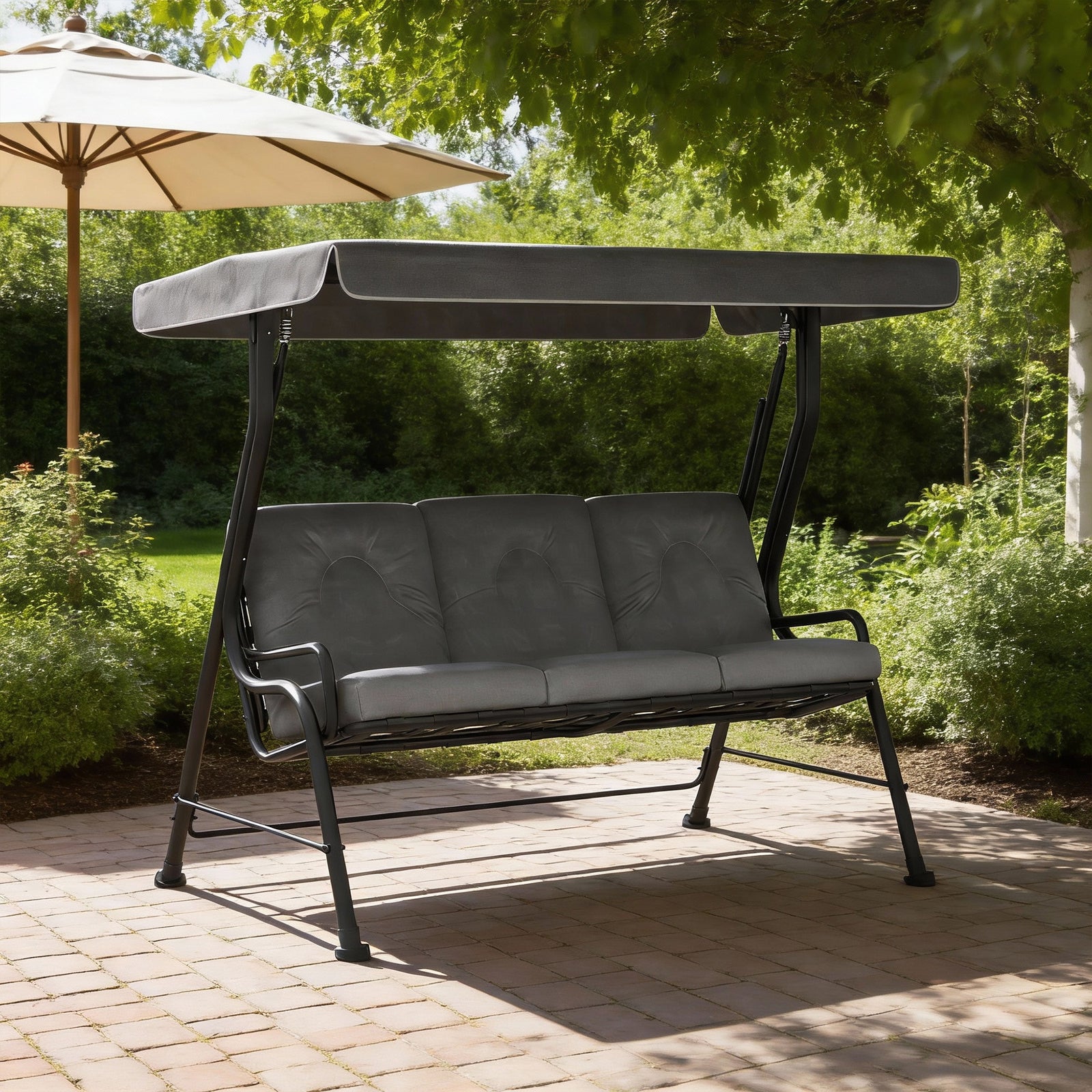 3-seater Garden Swing Seat, Outdoor Swing Chair With Canopy, Grey