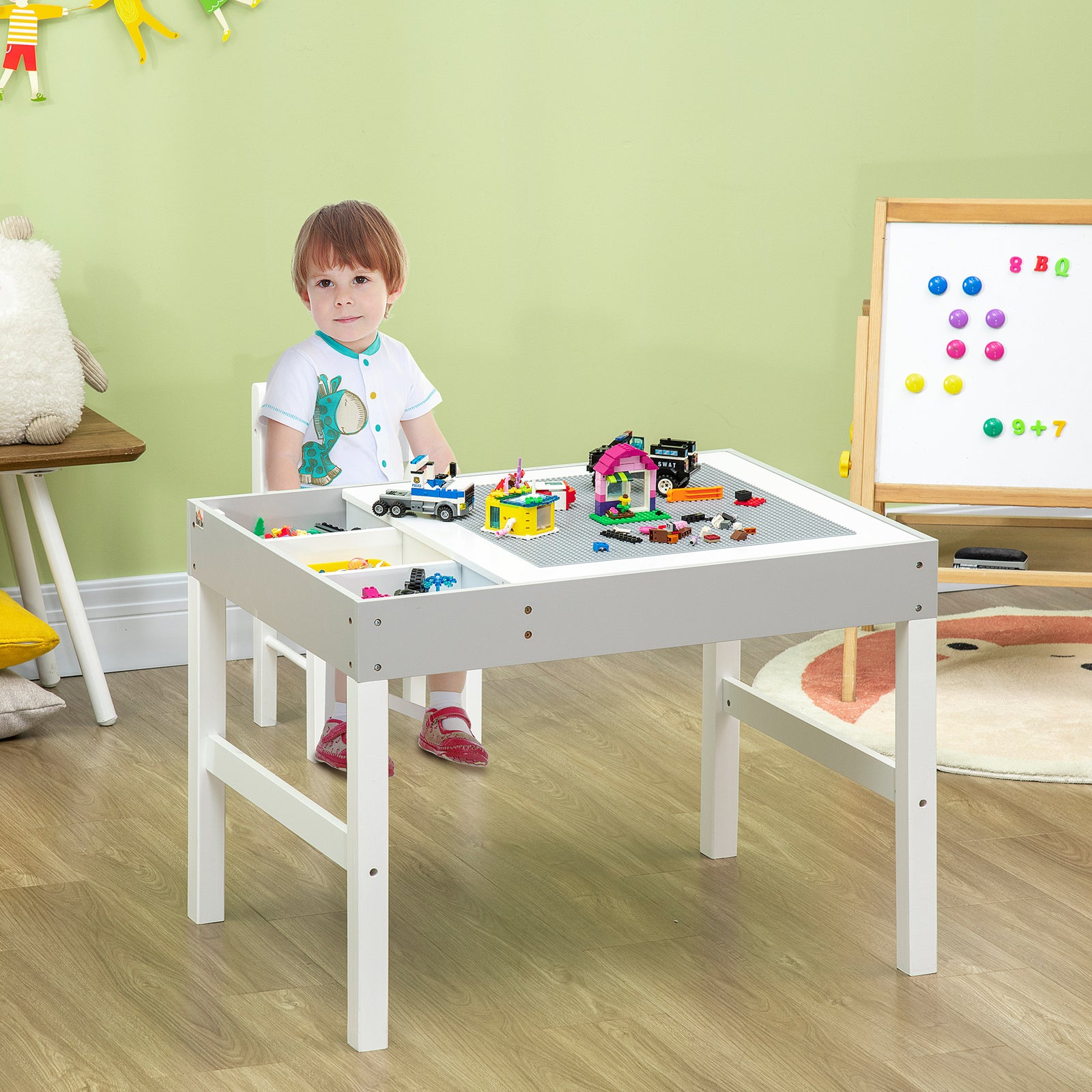Kids Table And Chair Set 2 In 1 Activity Play Table For Bricks W/storage