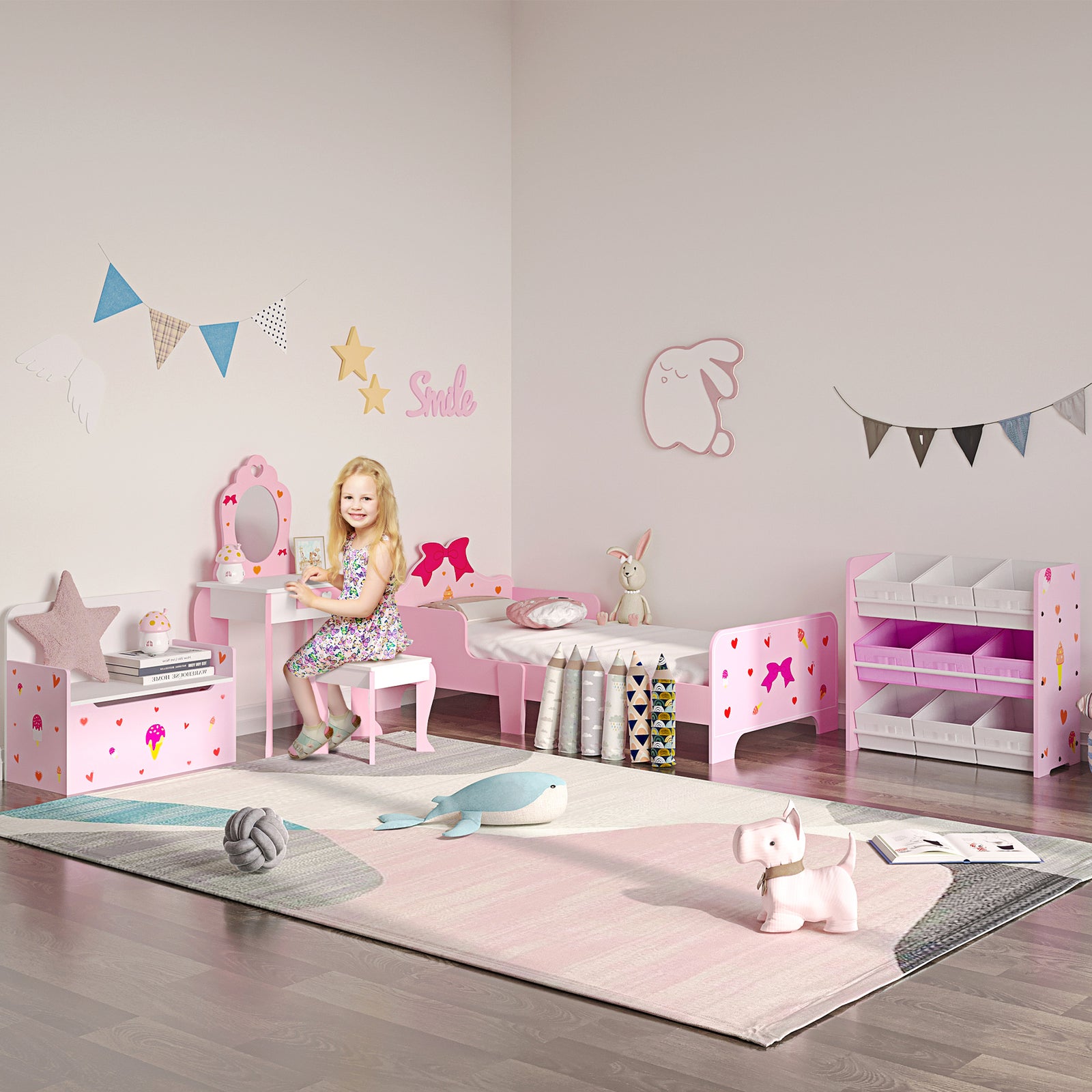 2 In 1 Wooden Kids Storage Bench, Toy Box W/ Safety Rod | Pink