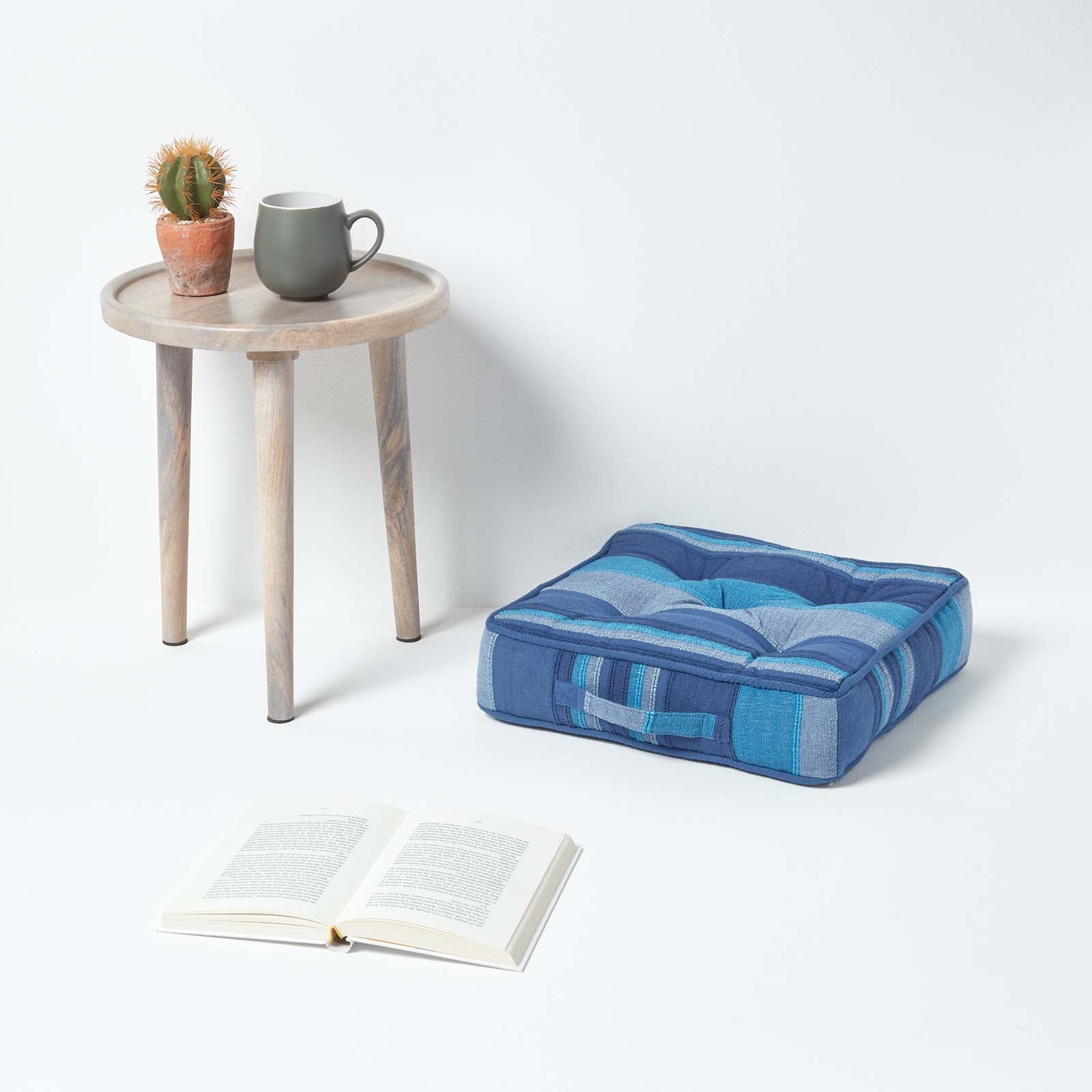 Morocco Striped Cotton Floor Cushion | 40cm x 40cm | Blue