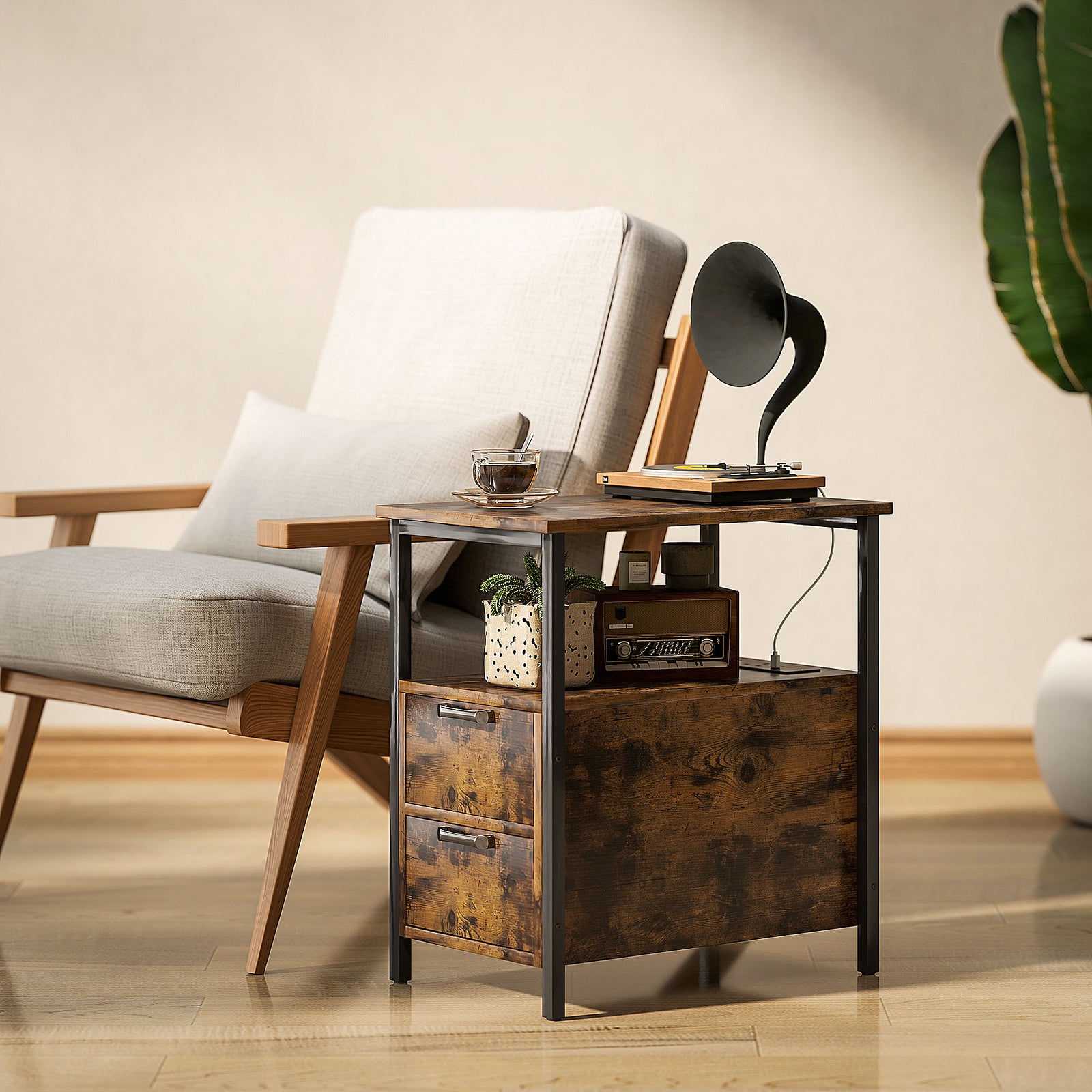 Bedside Table W/ Charging Station, Rustic Brown