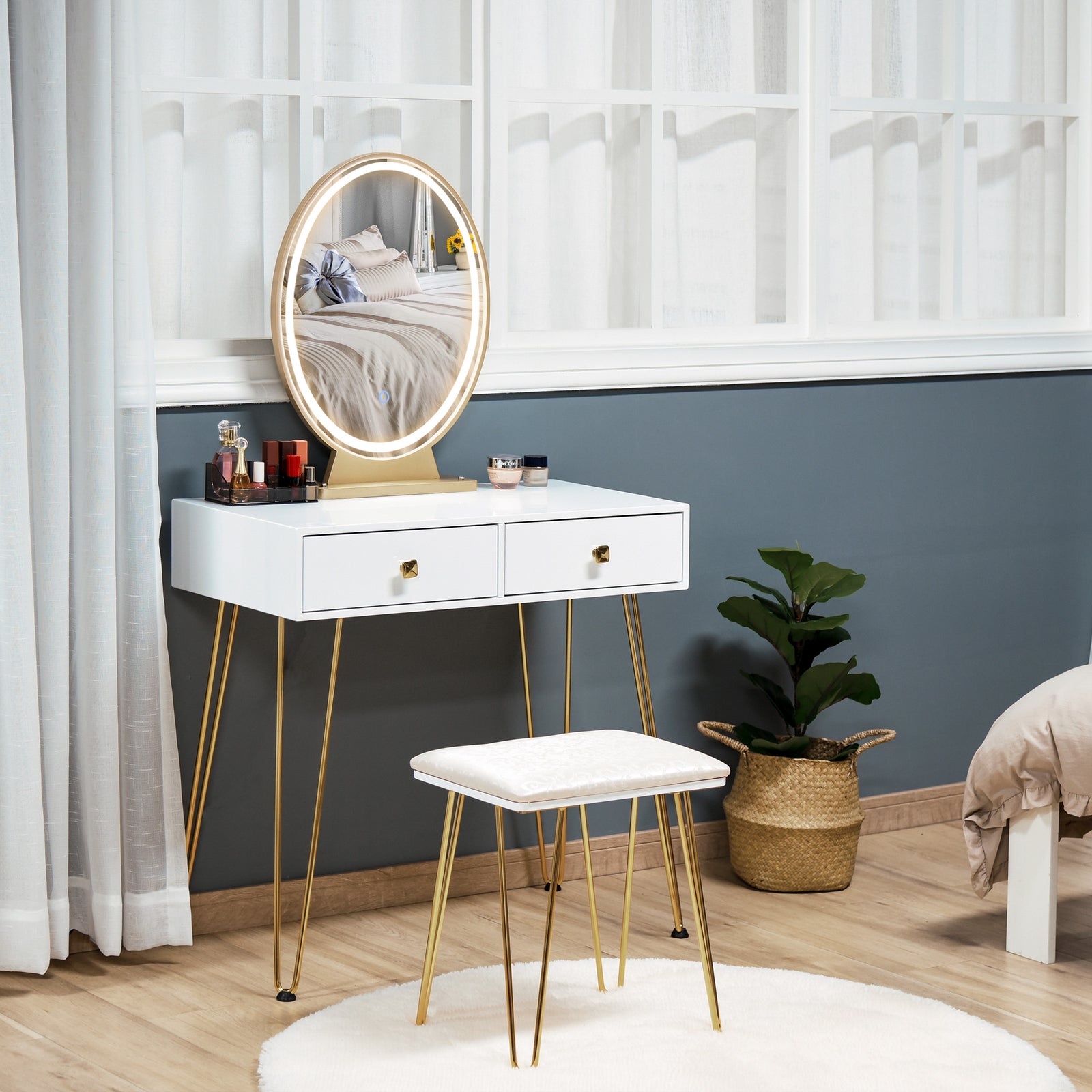 Dressing Table Set With Led Mirror & Stool 2 Drawers