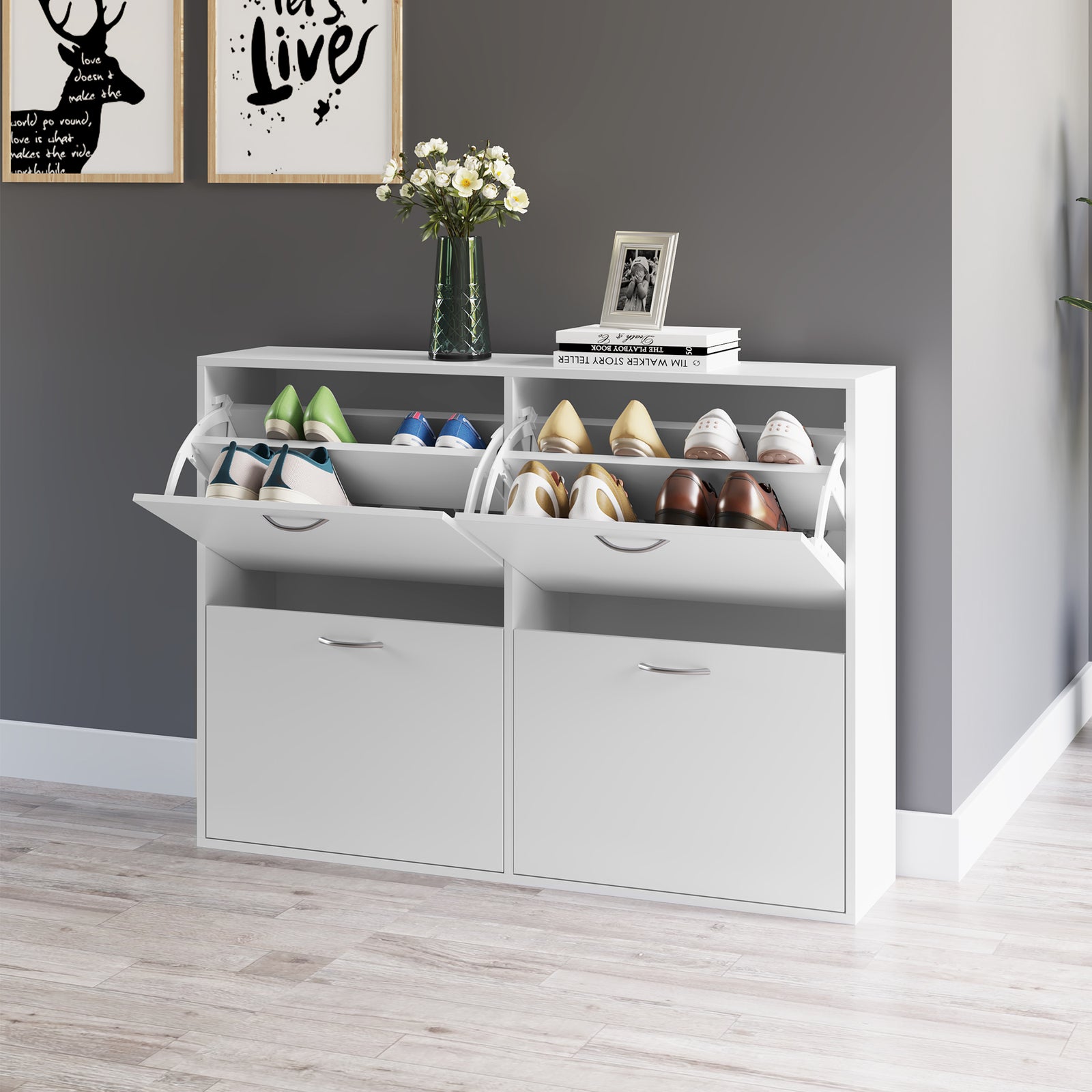 Wooden Shoes Cabinet Multi Flip Down Shelf Drawer Organizer | One Size | White