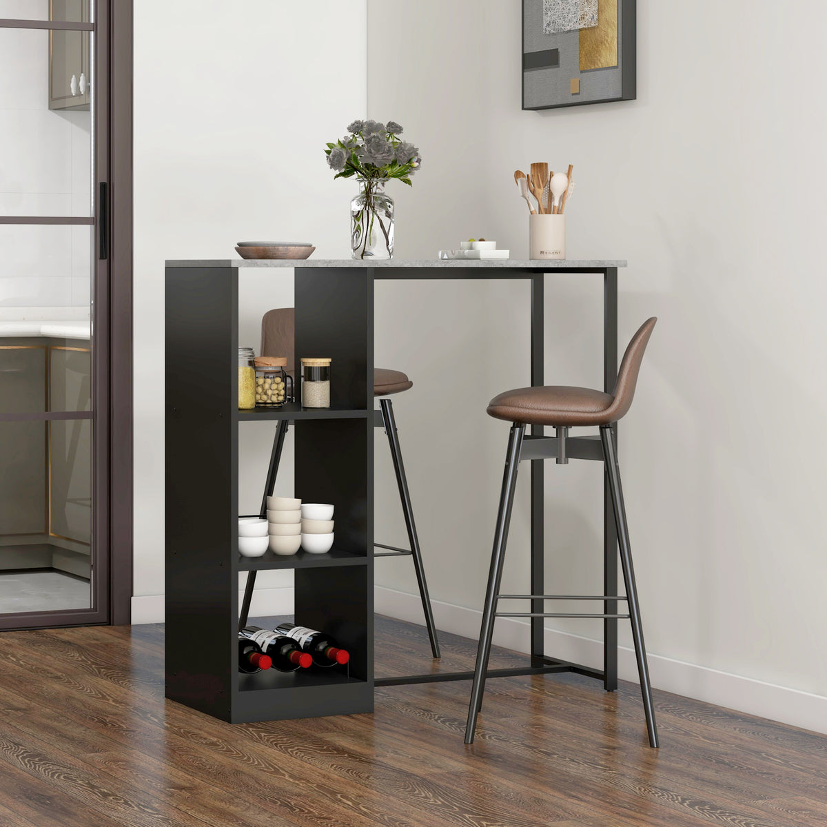 HOMCOM Breakfast Bar Table With 3-tier Storage Shelf And Wine Rack, Black
