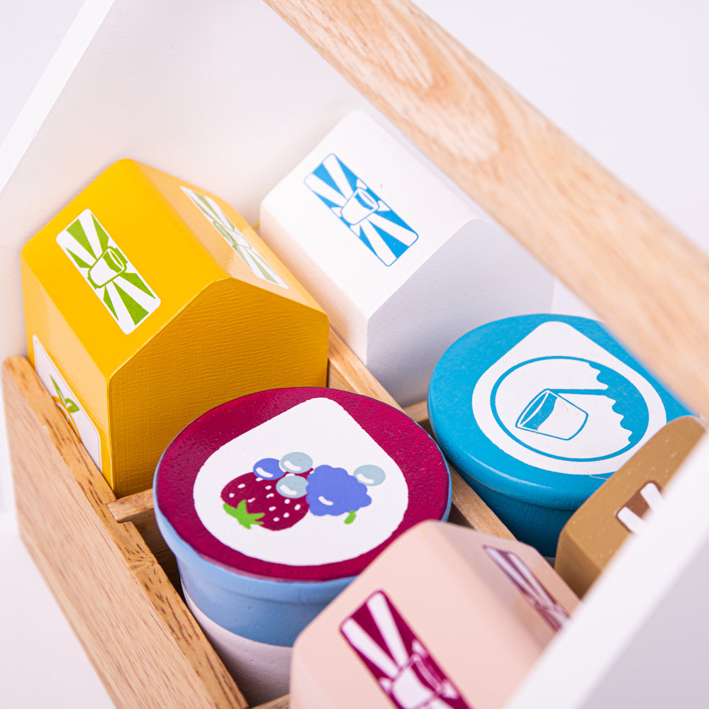 Wooden Dairy Delivery Set, Includes Crate & 6 Dairy Pieces