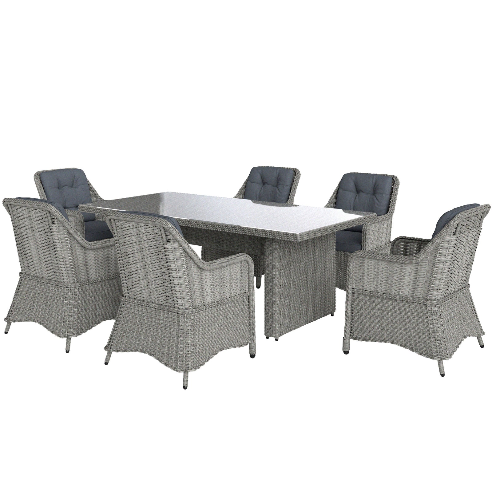 6 Seater Rattan Dining Set With Glass Top Table And Cushions