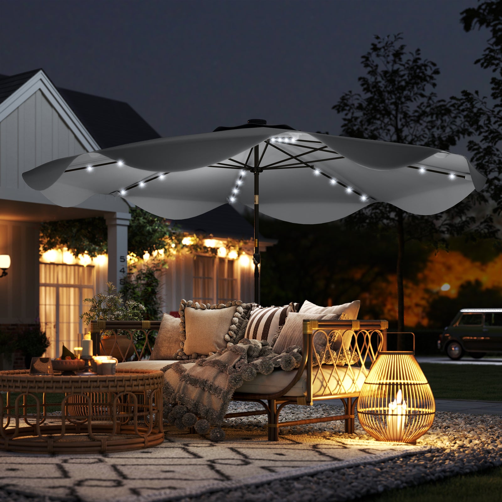 Solar Garden Parasol W/ Led, Tilt | Dark Gray