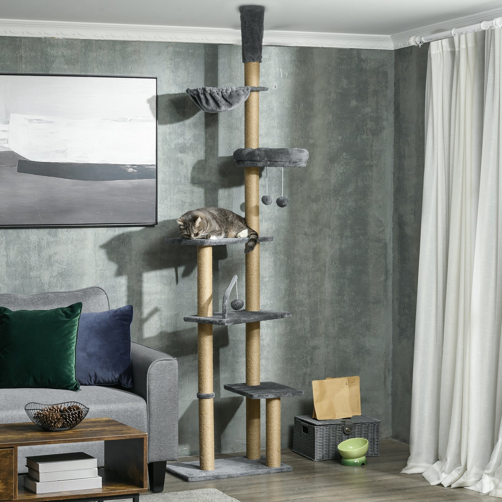 Floor To Ceiling Climbing Cat Tree Tower, 230-250cm Height, Grey