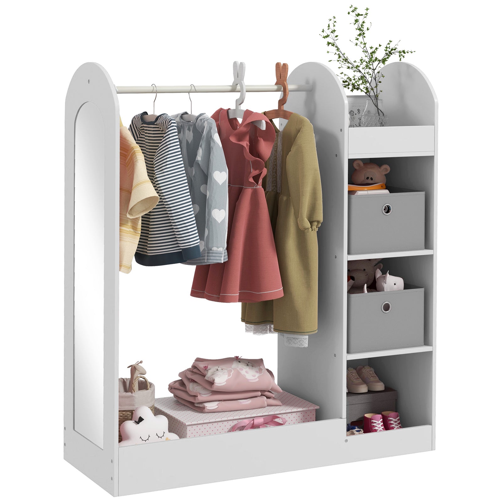 Kids Cloth Rail With Storage Shelf, Boxes, Mirror For Bedroom | White
