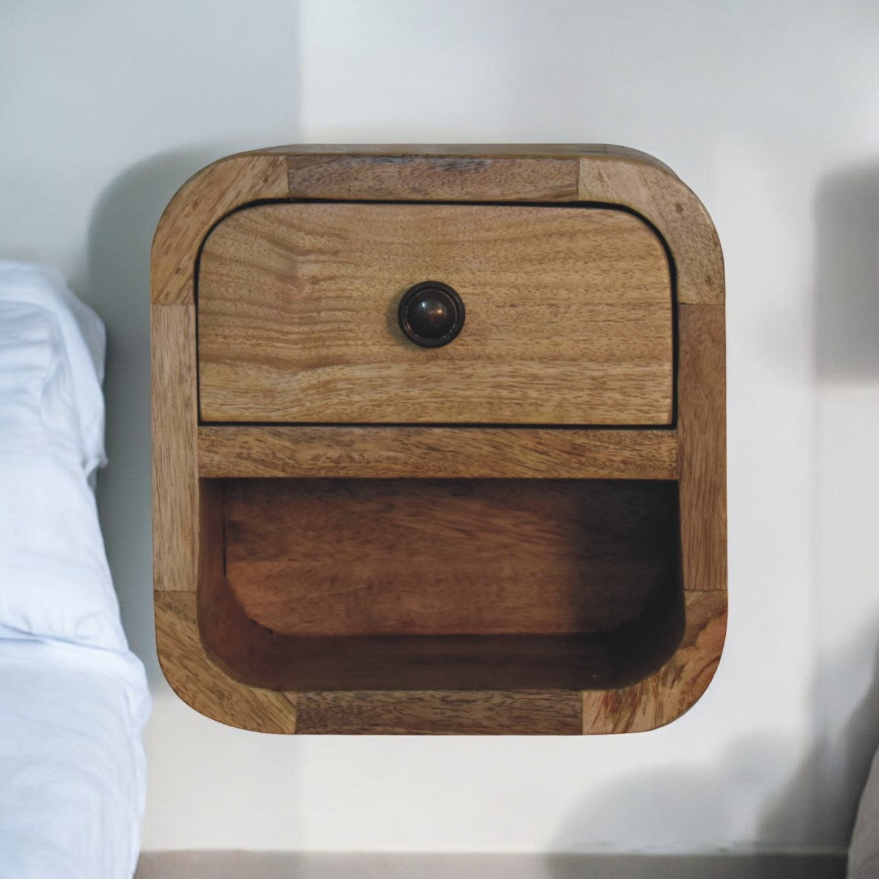 Solid Wood Extra Mini Curved Oak-ish Bedside With Open Slot