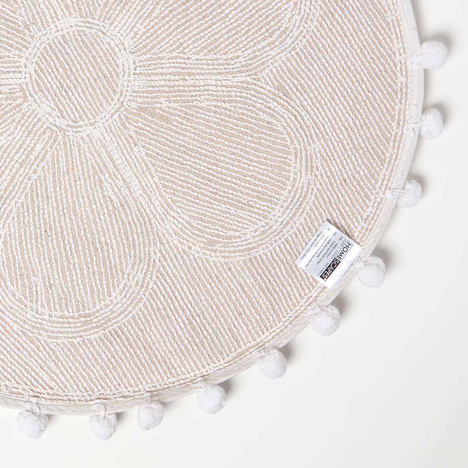 Floral Tufted Round Bathmat With Pom Poms | 60cm | White