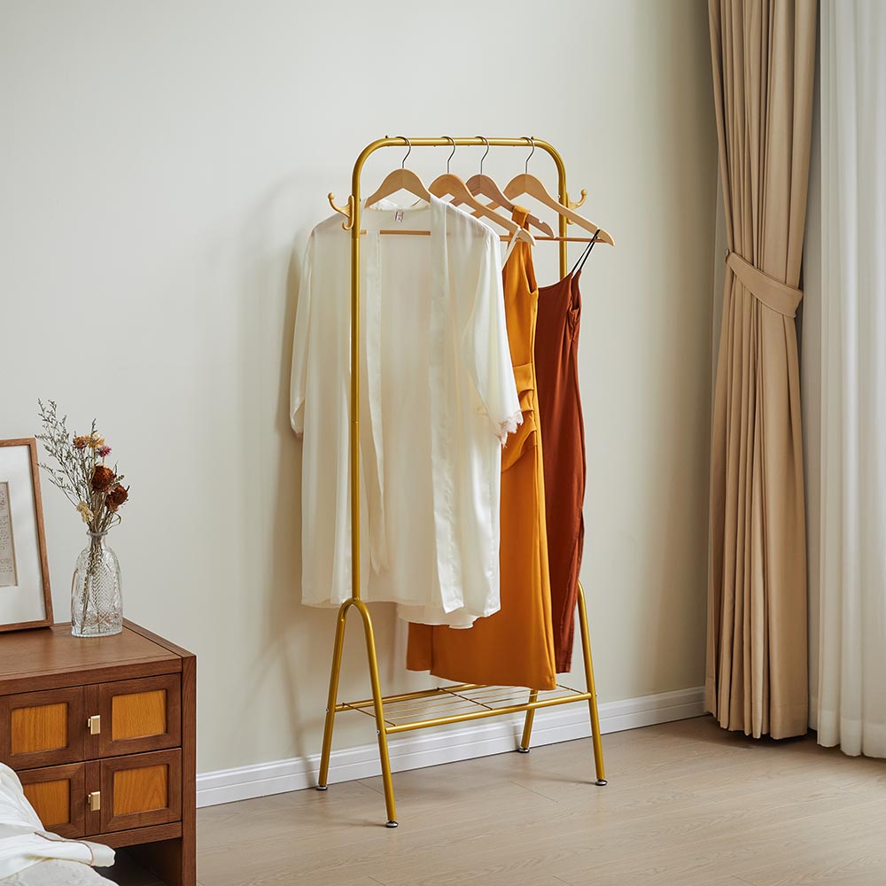 Freestanding Gold Clothes Rack With Bottom Shelf