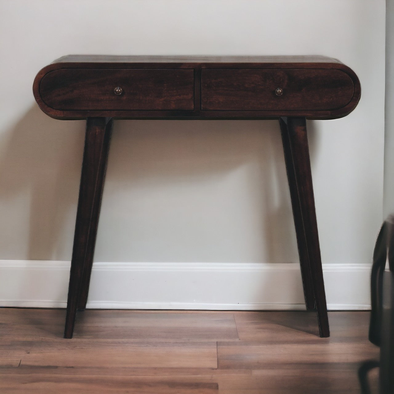 Light Walnut Curved Edge Console Table, 2 Drawers, Dark Brown